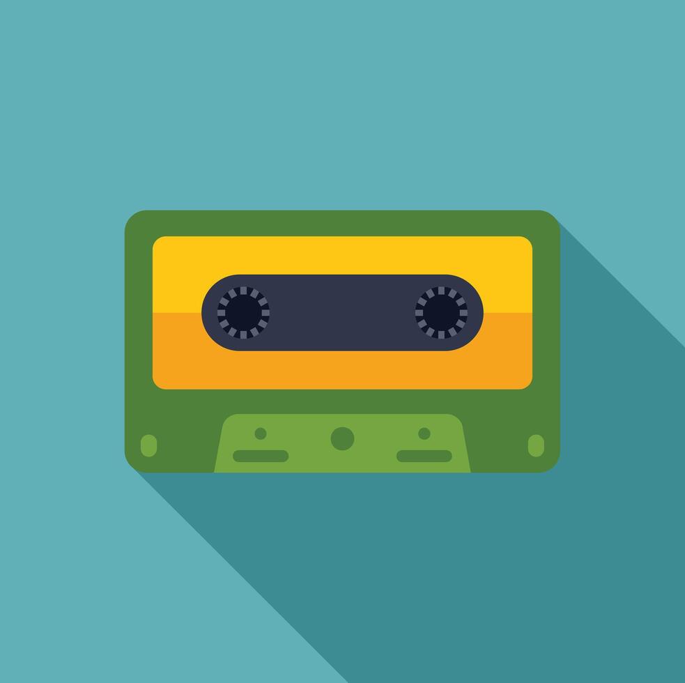 Green and yellow audio cassette casting long shadow on turquoise background vector