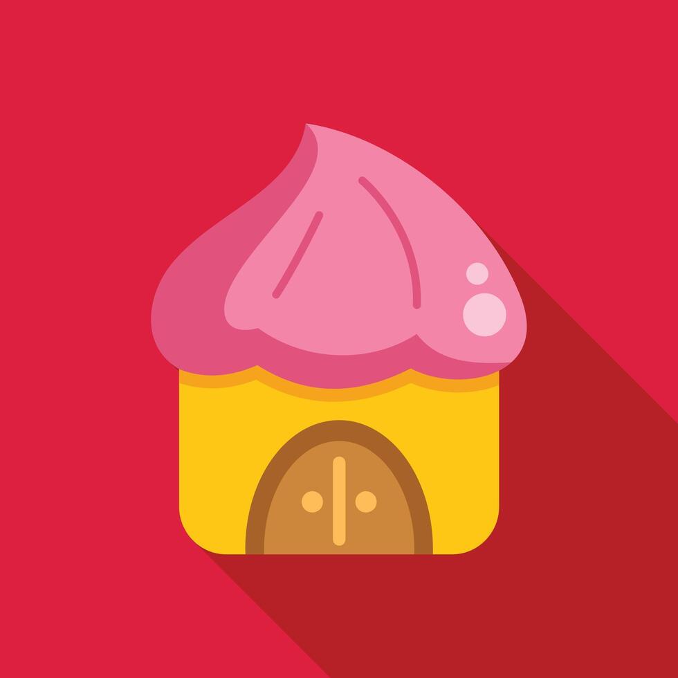 Whimsical candy house with pink icing roof on red background vector