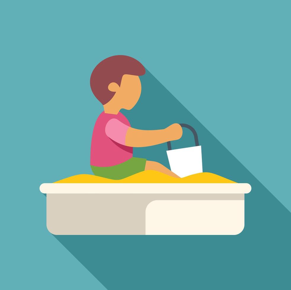 Boy sitting in sandbox playing with bucket vector