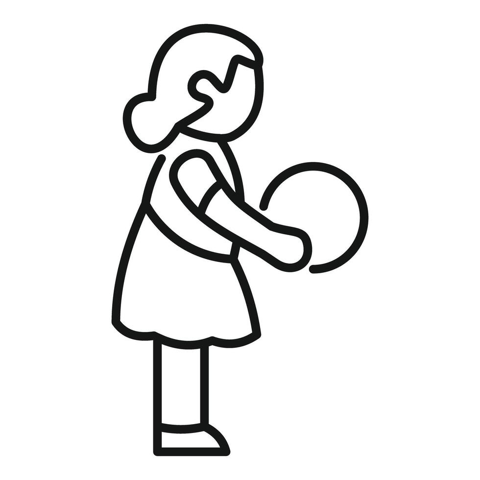 Girl holding ball, side view, simple line art illustration vector