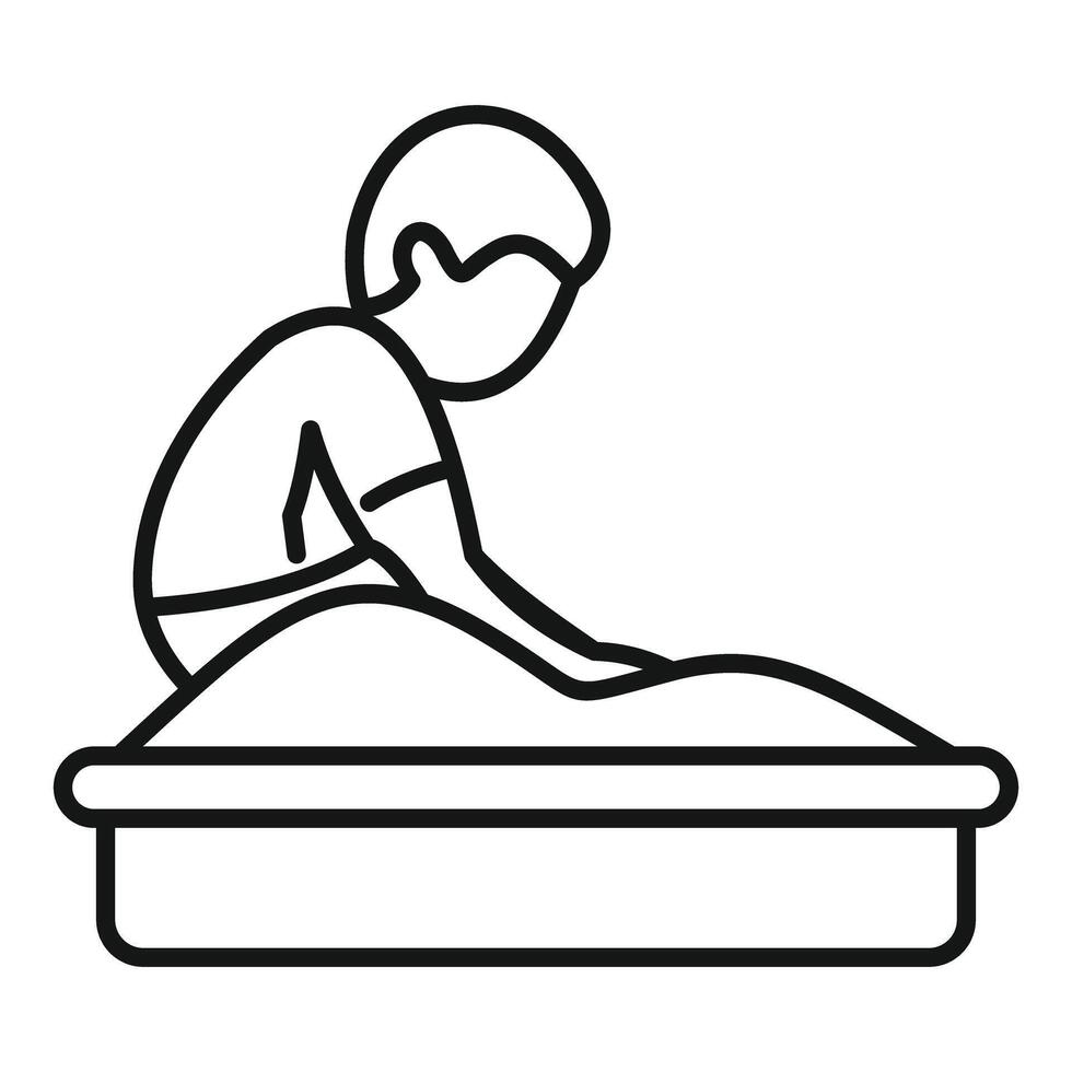 Boy playing with sand in sandbox, simple line icon design vector