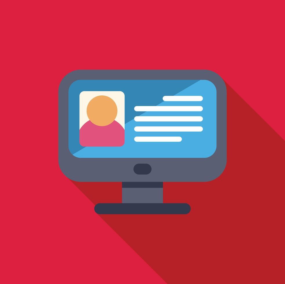 Computer monitor displaying personal profile information with long shadow vector