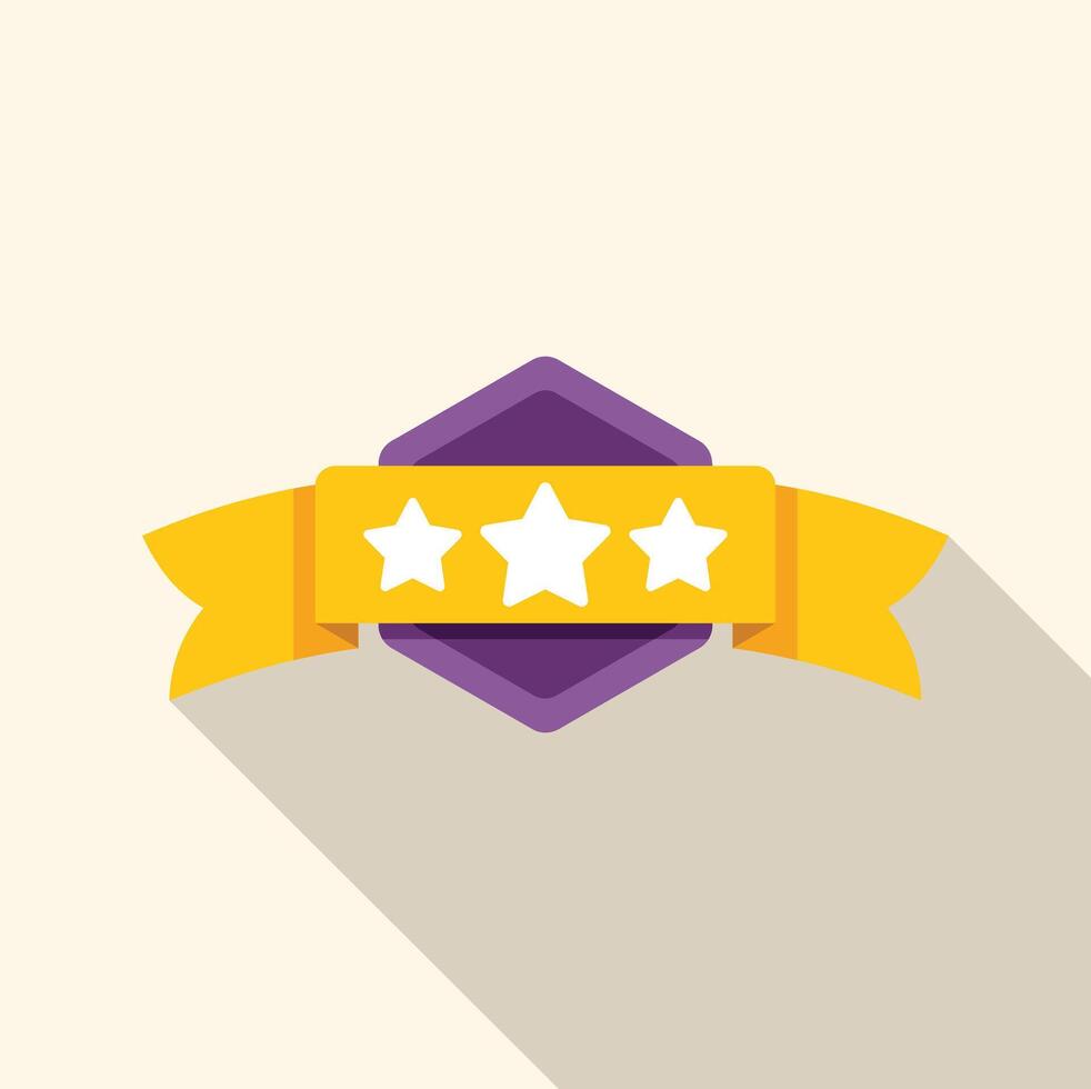 Three stars quality seal representing top rating with yellow ribbon and purple hexagon vector