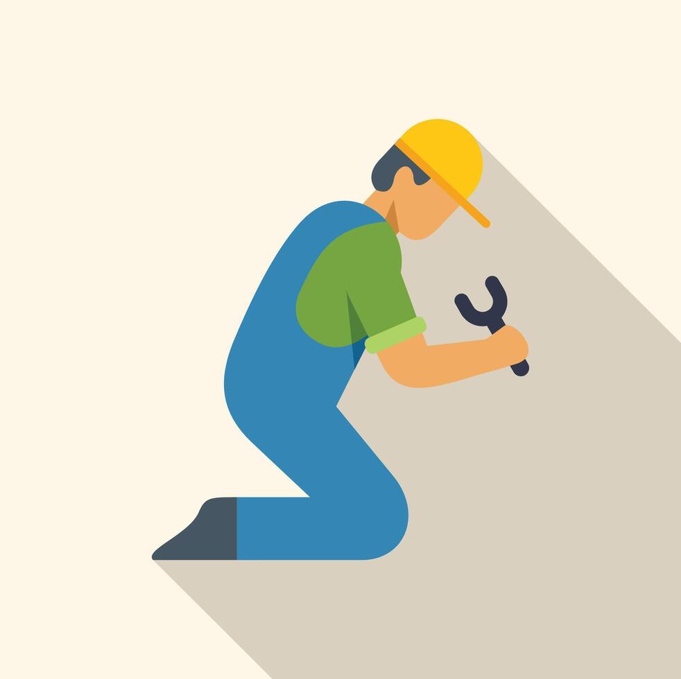 Kneeling repairman holding wrench fixing something with long shadow vector