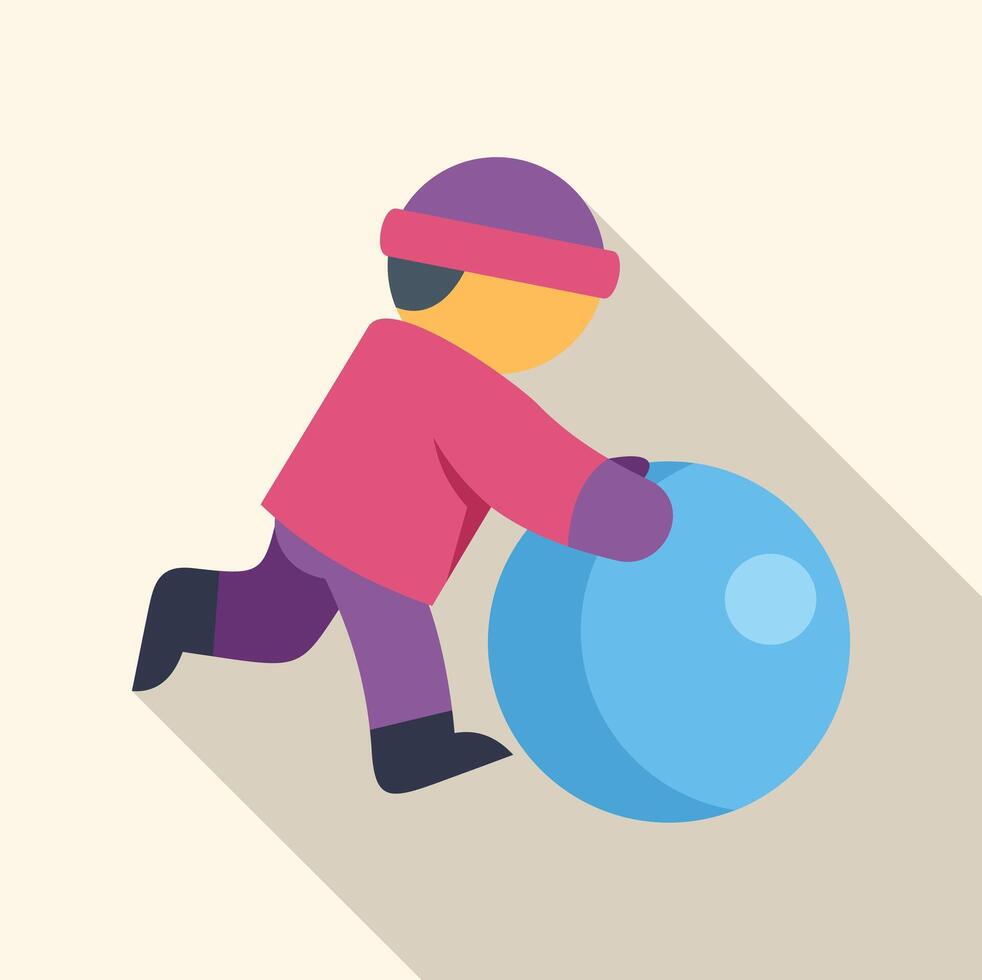 Child rolling large snowball wearing winter clothes vector