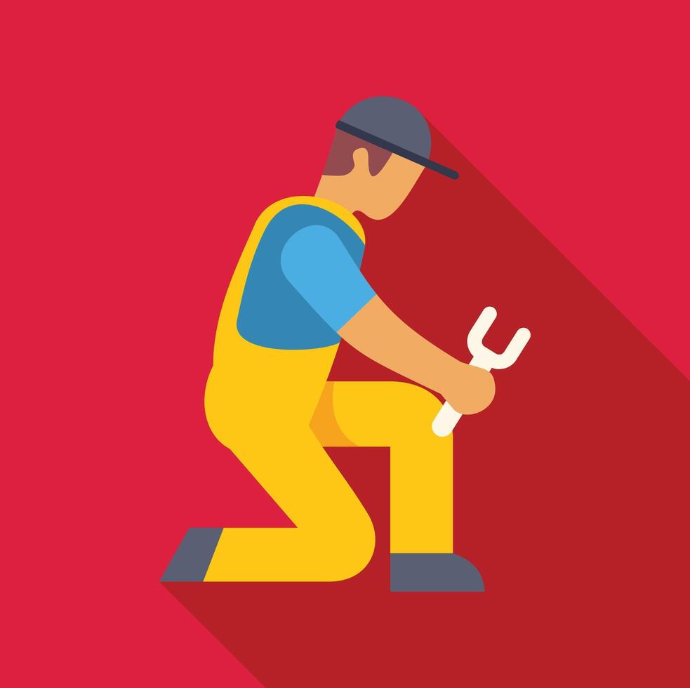 Kneeling mechanic holding wrench on red background vector