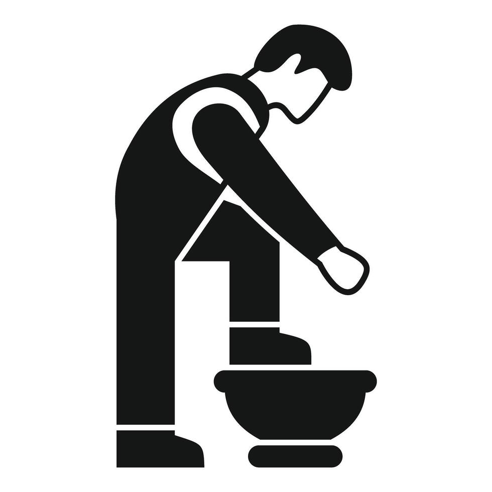 Plumber fixing toilet in bathroom, simple black and white icon vector