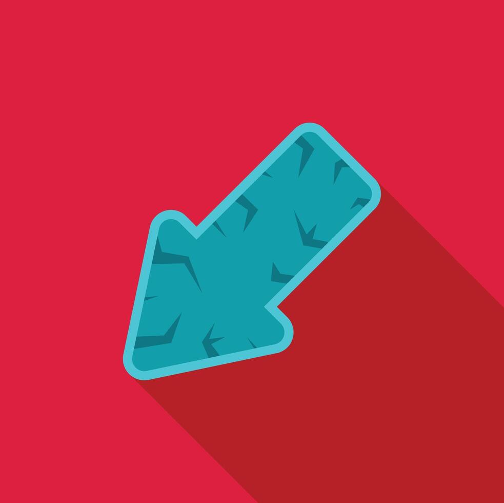 Turquoise arrow pointing down right on red background with cracks pattern and long shadow vector