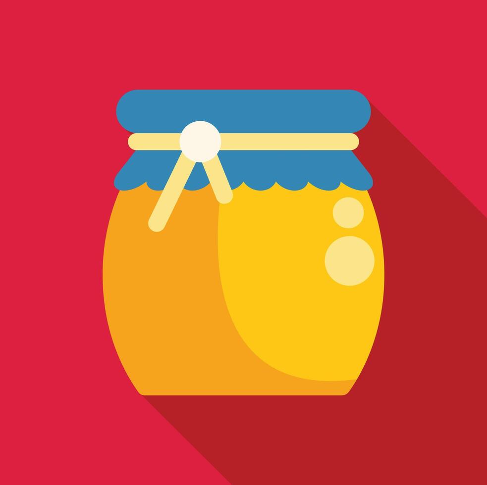 Honey jar with blue cap and ribbon on red background vector