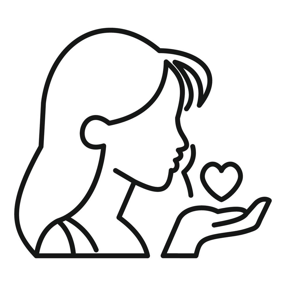 Woman blowing kiss with heart in hand, minimalist line art of love and affection vector
