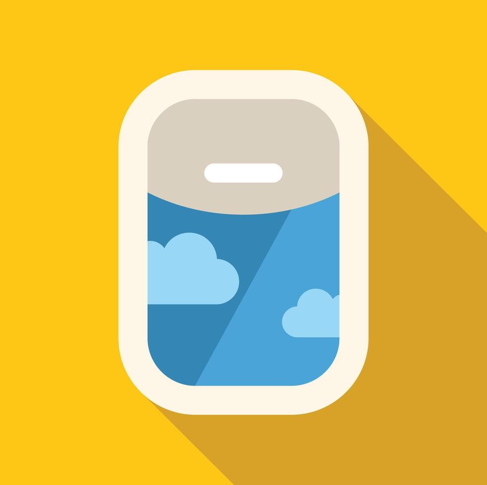 Airplane window showing blue sky and white clouds on yellow background vector