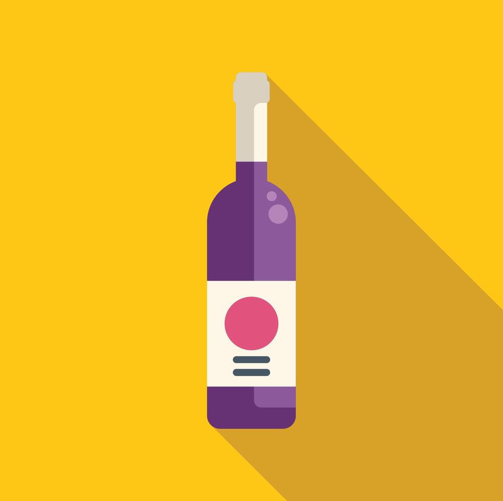 Wine bottle with purple label and long shadow on yellow background vector