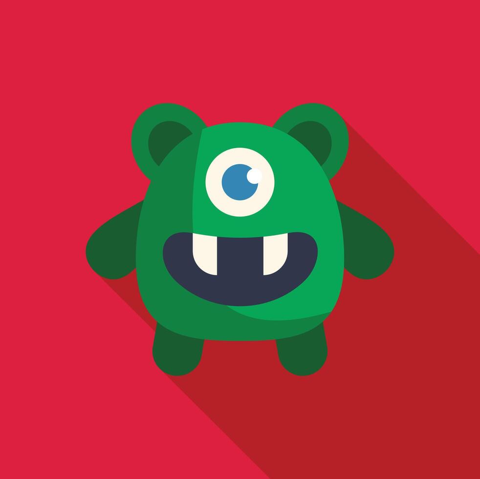 Friendly green monster smiling with one eye and two teeth on red background vector
