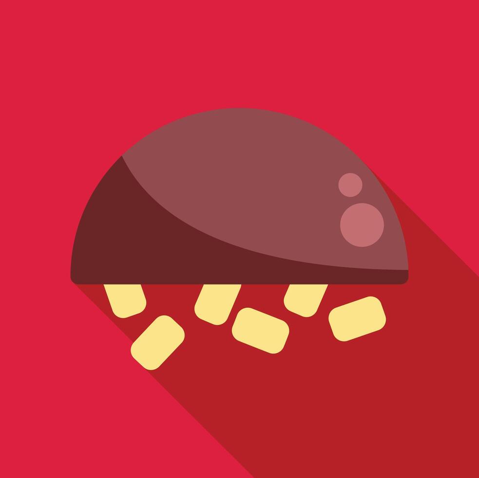 Half open chocolate candy with filling pouring out on red background vector