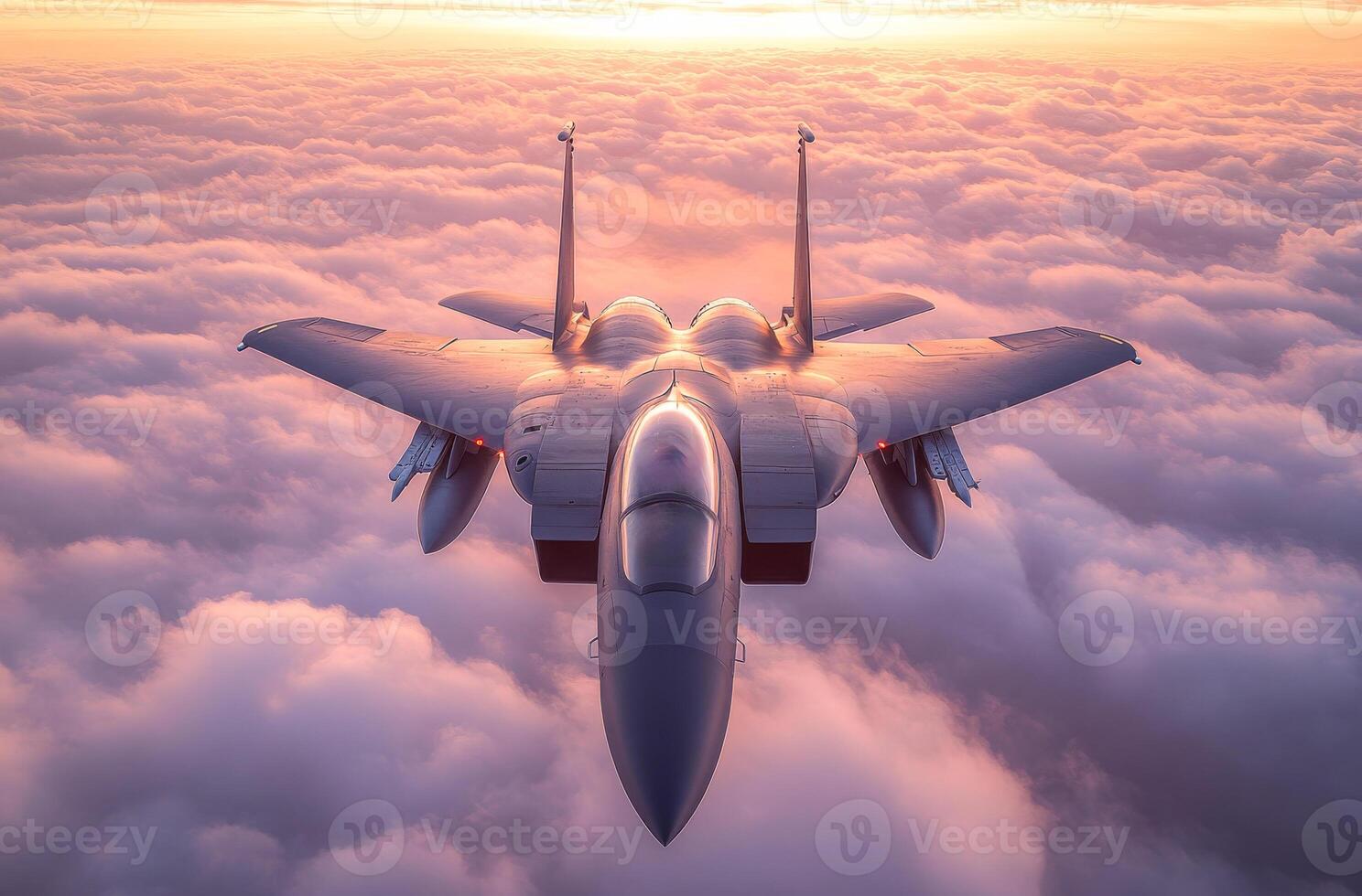 A jet fighter is flying through a cloudy sky. The sky is a mix of pink and orange hues, creating a serene and peaceful atmosphere. The jet is the main focus of the image photo