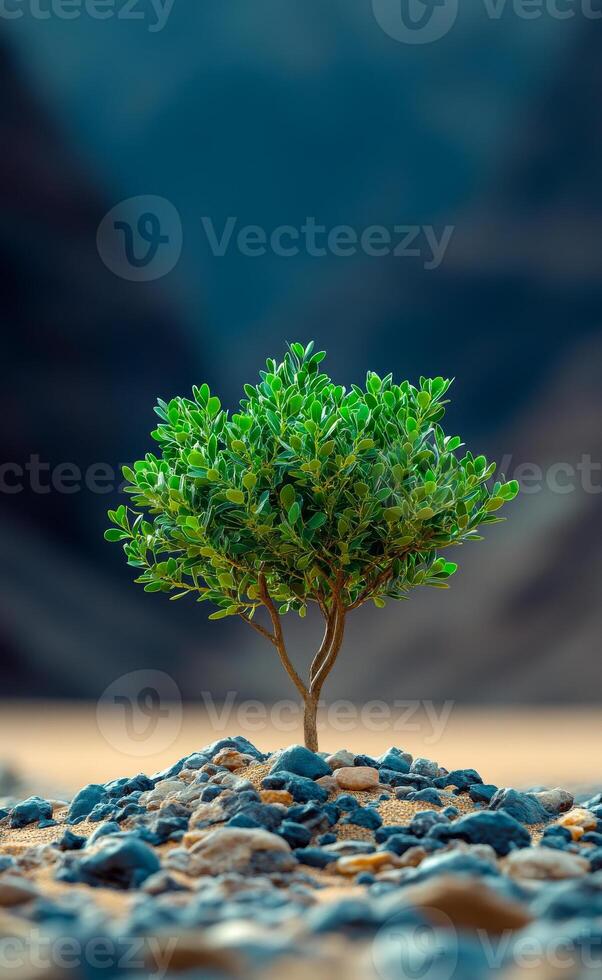 A small tree is growing in the desert. Concept of resilience and hope, as the tree is able to thrive in such a harsh environment photo