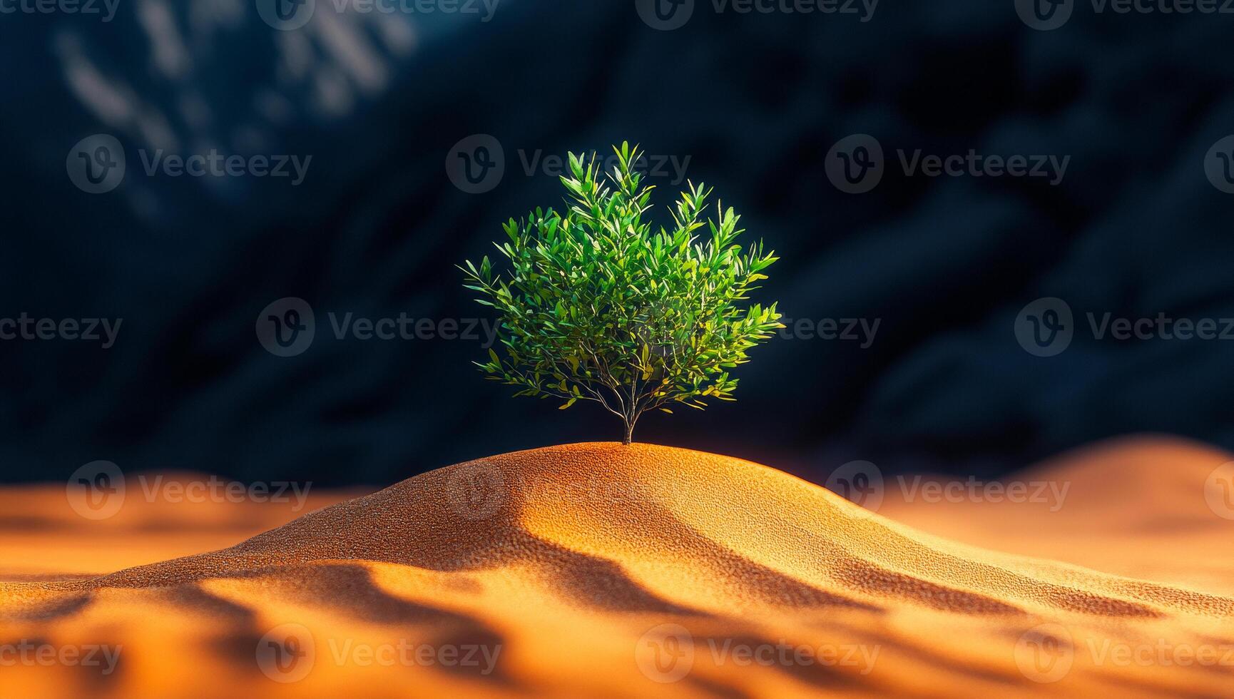 A small tree is growing in the sand. The image has a peaceful and serene mood, as the tree stands alone in the desert landscape photo