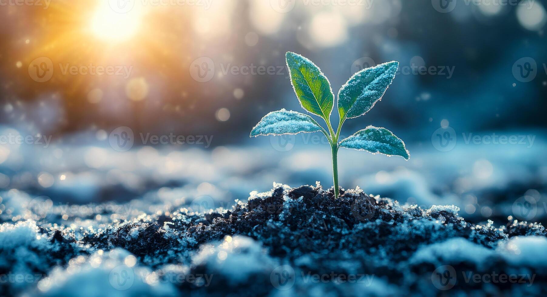 A small plant is growing in the snow. Concept of hope and resilience, as the plant continues to grow despite the harsh winter conditions photo