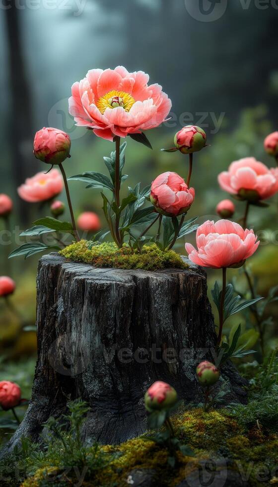 A group of pink flowers are growing on a log. The flowers are in full bloom and are surrounded by moss. Concept of natural beauty and tranquility photo