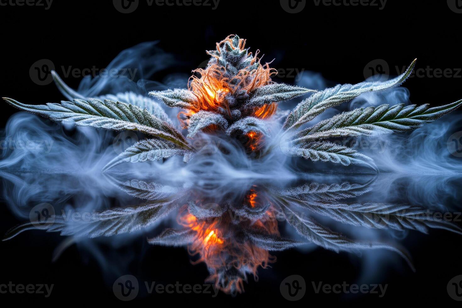 A marijuana plant is surrounded by smoke and ice. The smoke is thick and the plant is covered in frost. Scene is eerie and mysterious photo