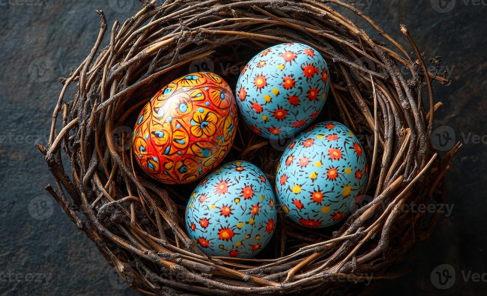 A nest of eggs with blue and yellow designs. The eggs are in a basket and are arranged in a way that they look like they are ready to hatch photo