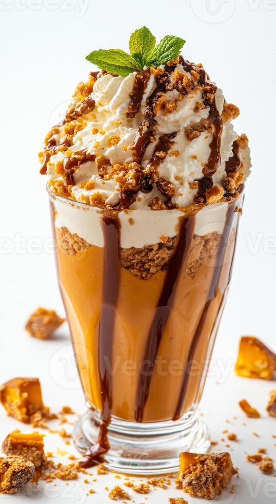 A glass of ice cream with a green leaf on top. The ice cream is topped with chocolate sauce and has a brown swirl photo