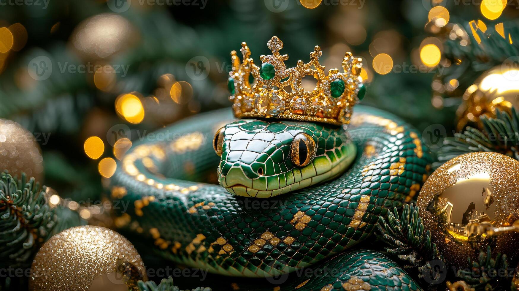 A green snake wearing a gold crown. The snake is surrounded by gold ornaments. The image has a regal and majestic feel to it photo