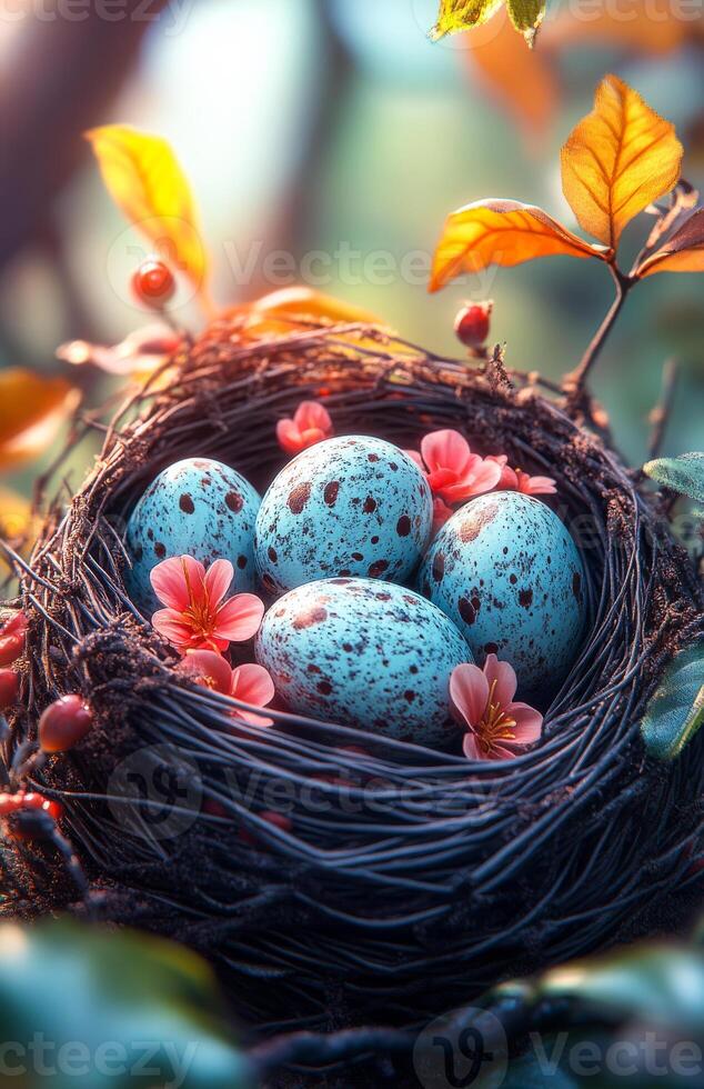 A nest of eggs with a few flowers in it. The nest is made of wire and the eggs are blue photo