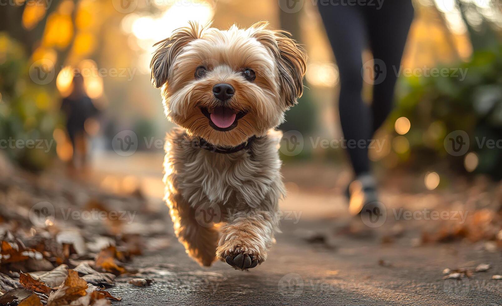 A small dog is running on a path with leaves on the ground. The dog is happy and he is enjoying itself photo