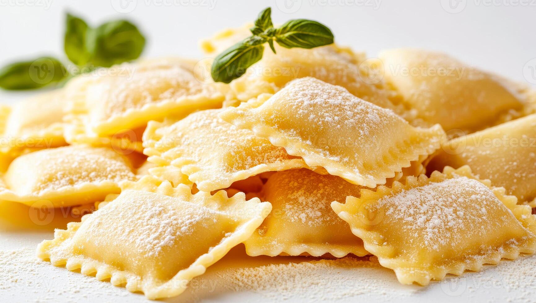 A pile of pasta with a leaf of basil on top. The pasta is covered in a white powder, which could be cheese or flour. Concept of comfort and indulgence, as the pasta is a popular and satisfying meal photo