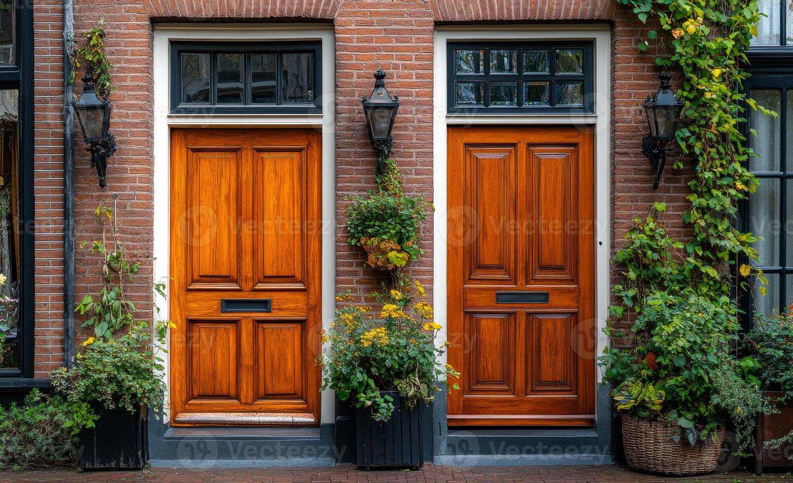 Two wooden doors with a brick building in the background. The doors are open and there are potted plants in front of them photo
