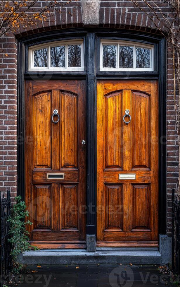 Two wooden doors with a black trim and a silver handle. The doors are open and the windows are closed photo