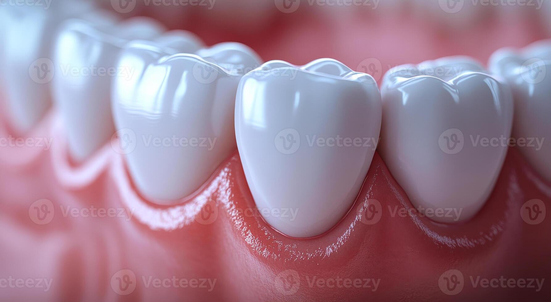 Healthy teeth close-up. The arrangement of bright white teeth showcases good dental health and natural gum color. photo