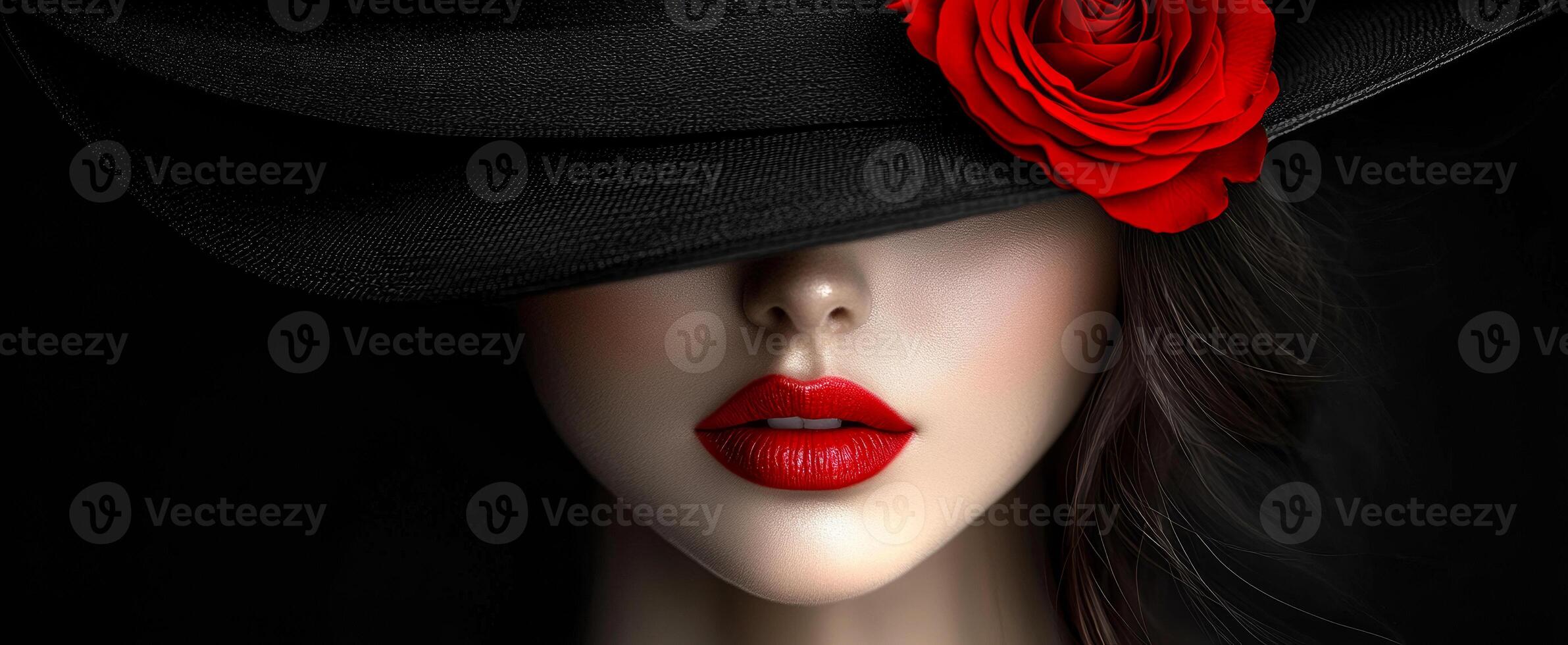 Chic woman, black hat, red rose. A woman wears a large black hat adorned with a vibrant red rose, showcasing her bold red lips against a dark background. photo