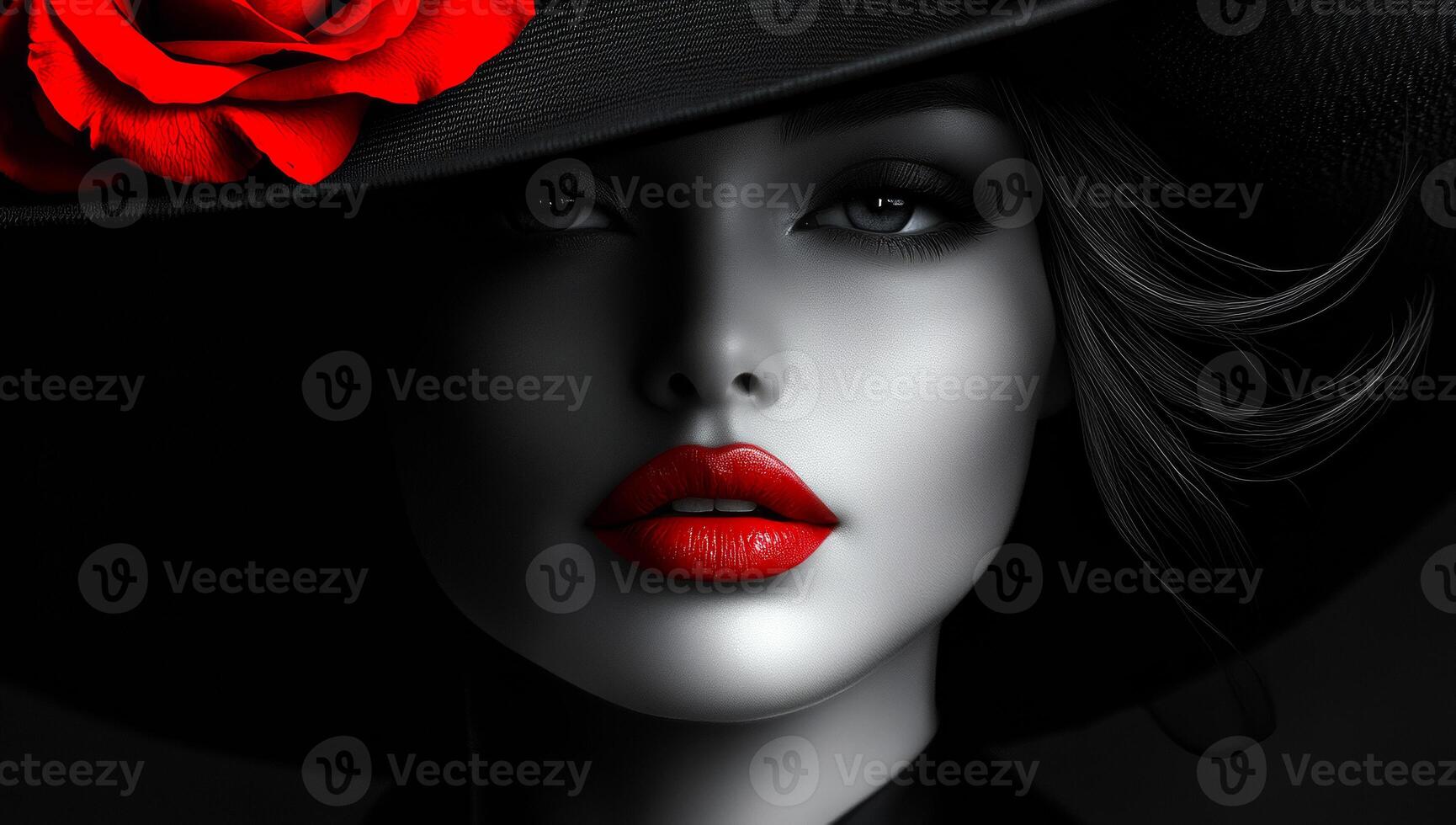 Elegant woman with bold red lips and hat. A woman with red lips and a dark hat poses elegantly against a dark backdrop, showcasing her sophistication. photo
