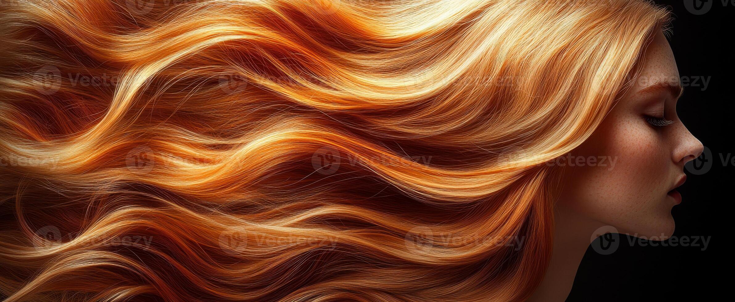 Golden strands flowing in soft light. A woman with long, flowing golden hair poses elegantly against a dark background, showcasing her hair's vibrant texture. photo
