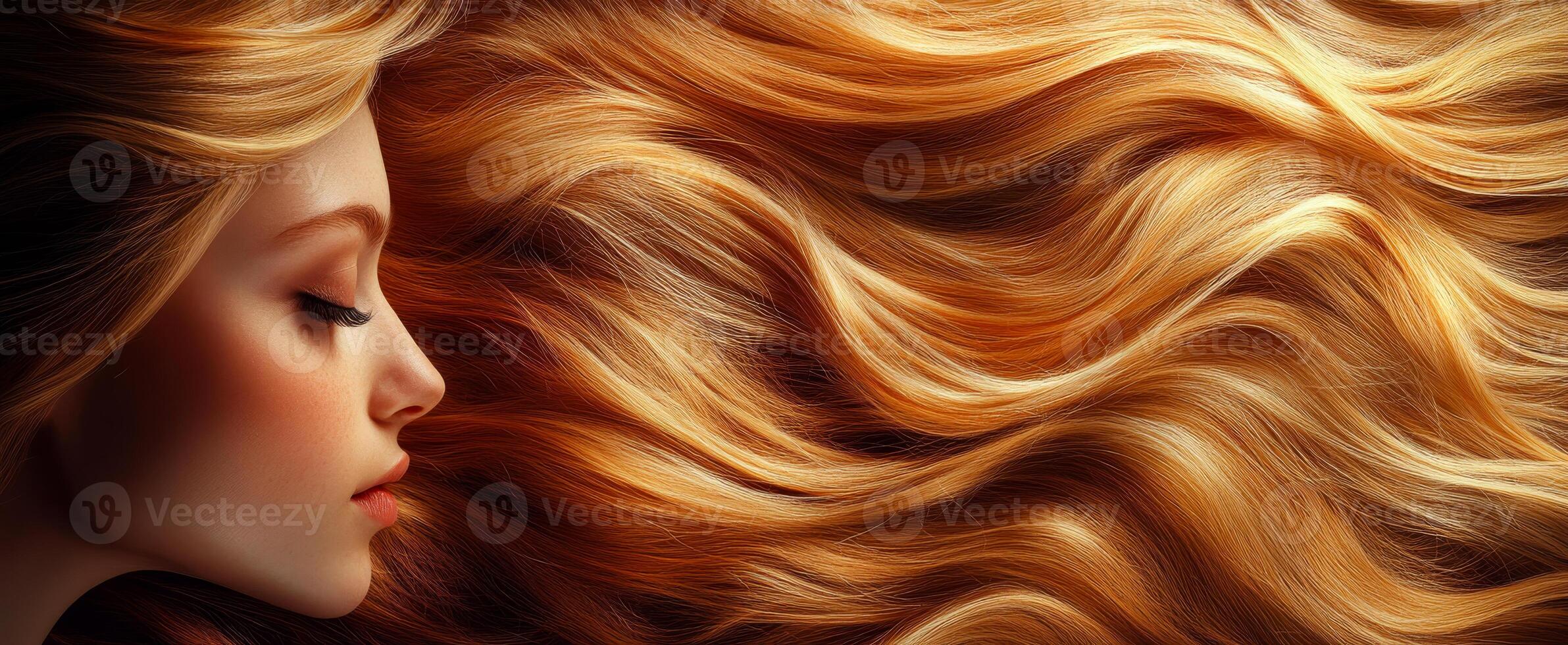 Golden waves flow from calm model. Long, wavy golden hair flows elegantly beside a model's serene profile, showcasing beauty and texture in soft light. photo