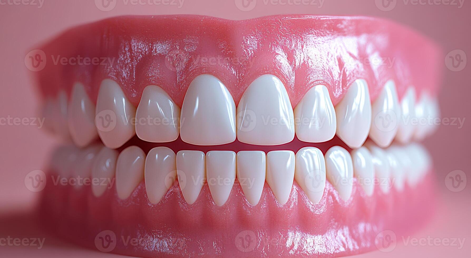 Realistic dental model on pink. A detailed dental model showcasing perfect white teeth in an arch shape, contrasting against a soft pink backdrop. photo