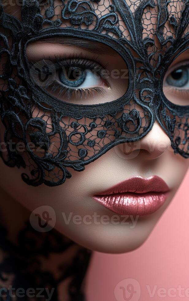 Lace mask vs. smooth skin. A close-up view of a person wearing an ornate black lace mask, highlighting striking features and captivating eyes. photo