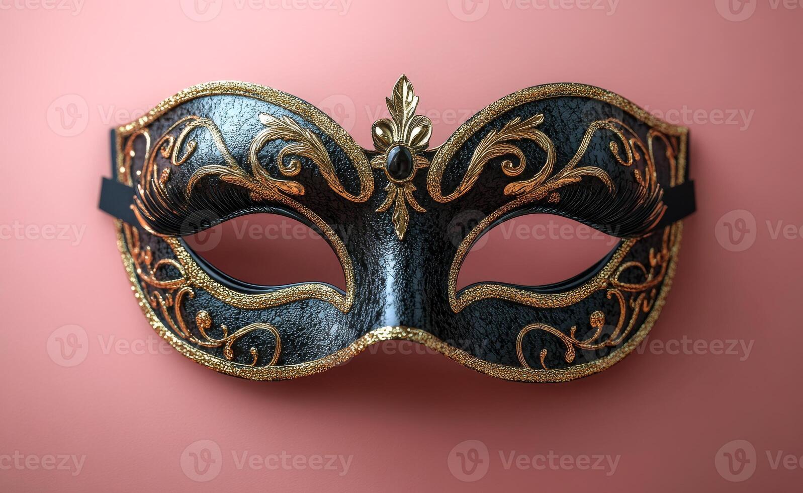 Black and gold decorative mask. A beautifully crafted black and gold mask featuring intricate designs, perfect for festive occasions and masquerades. photo