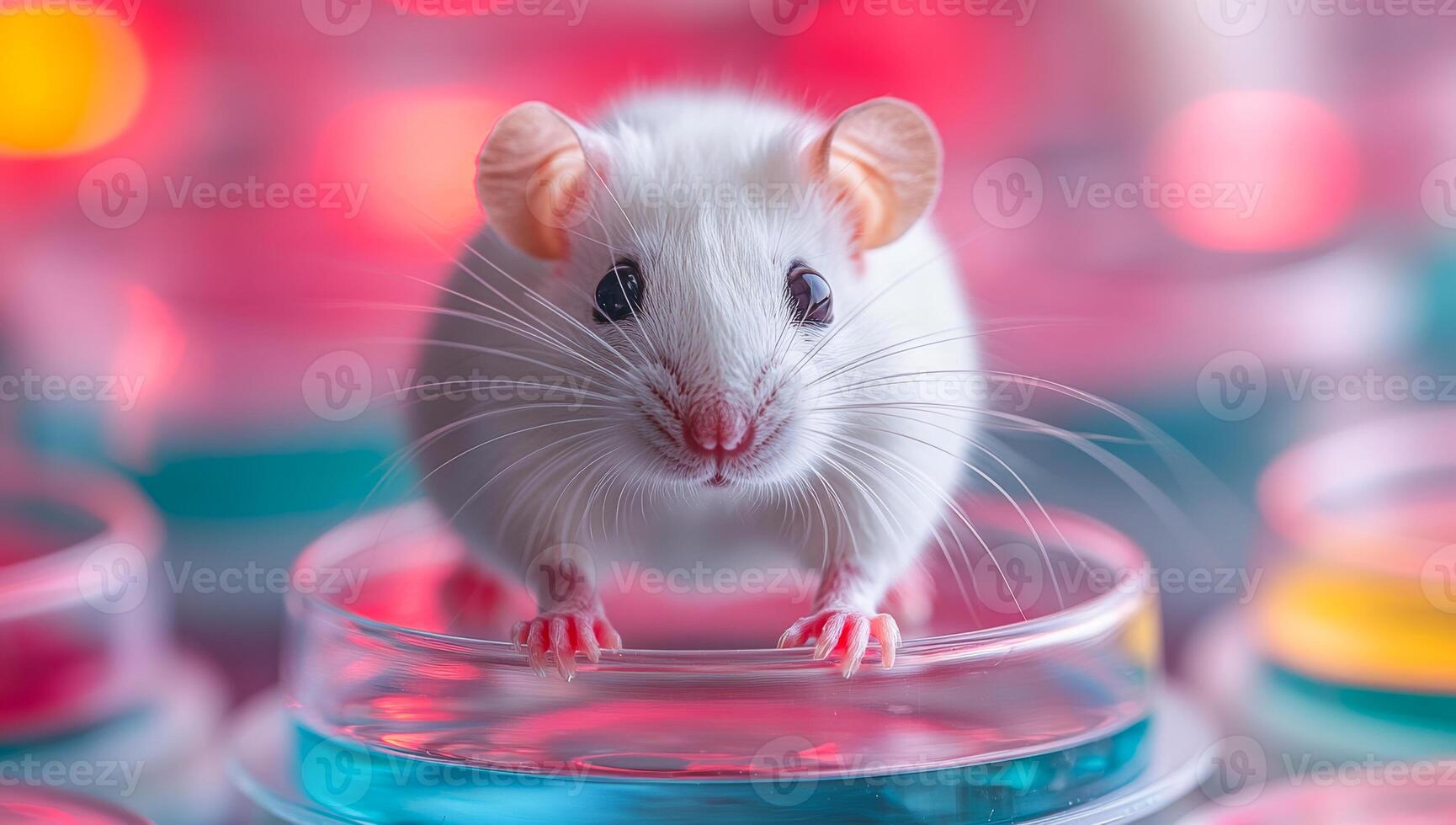 White mouse on colorful dishes. A curious white mouse investigates vibrant petri dishes filled with colorful substances under bright lighting. photo