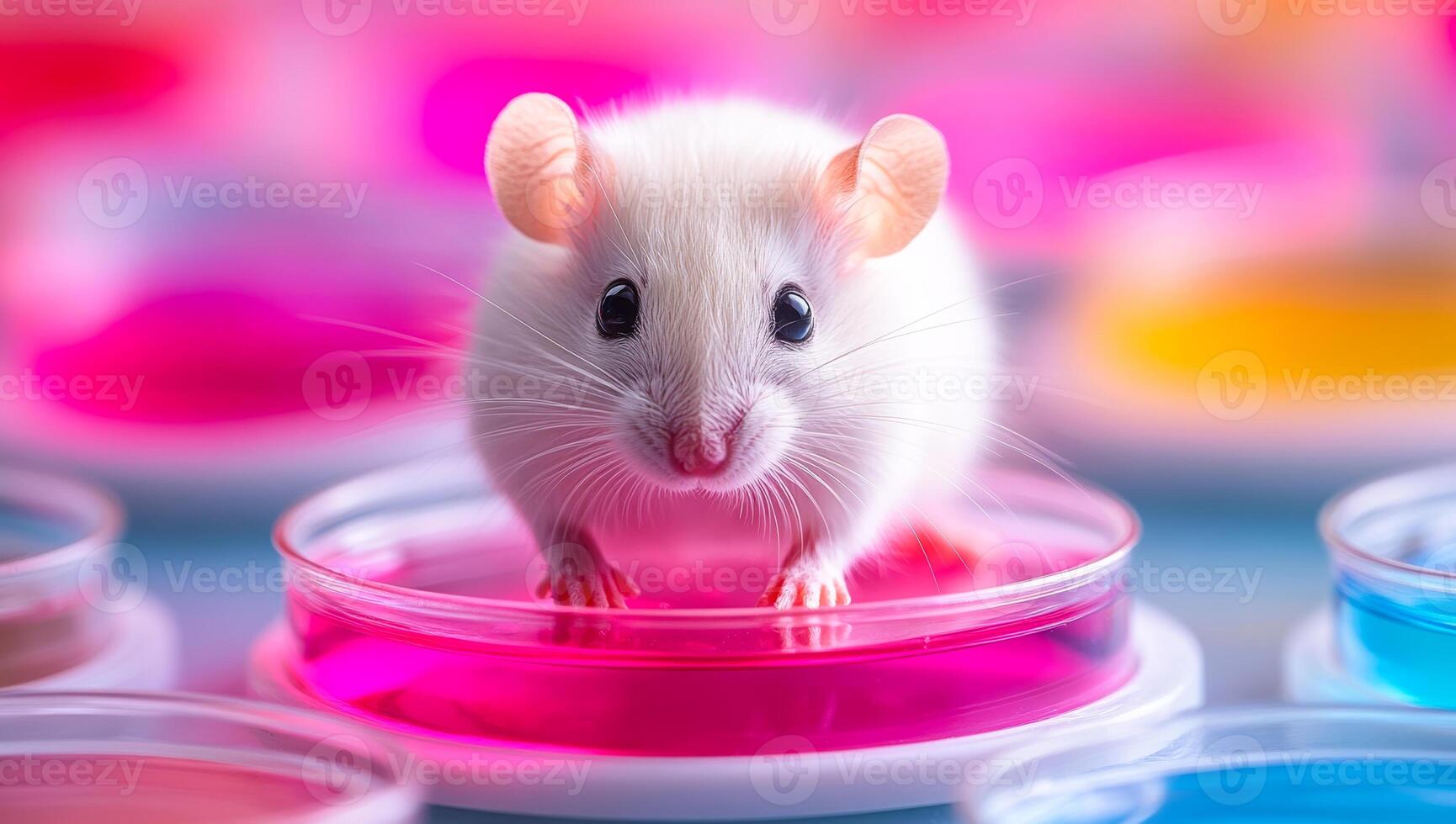 Mouse exploring colorful dishes. A small white mouse curiously explores colorful petri dishes, creating a lively atmosphere. photo
