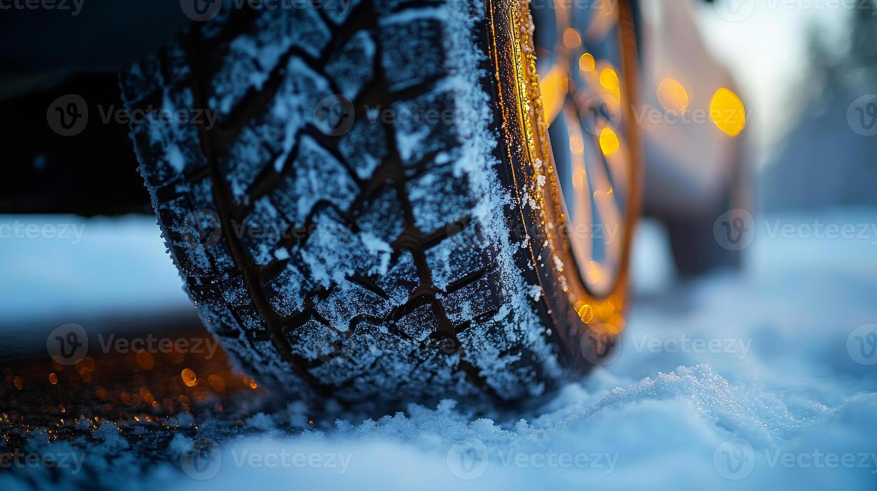 Winter tire on snowy road at sunset. A close-up view of a winter tire gripping snow-covered road during sunset, highlighting traction and safety. photo