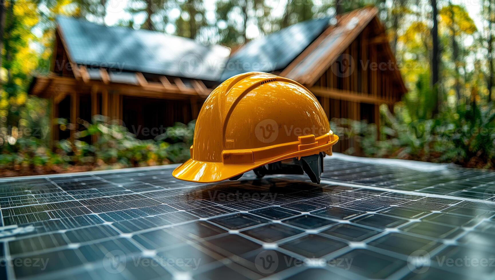 Helmet on solar panels in woods. A bright yellow construction helmet rests on solar panels, with a house under construction visible in the background. photo