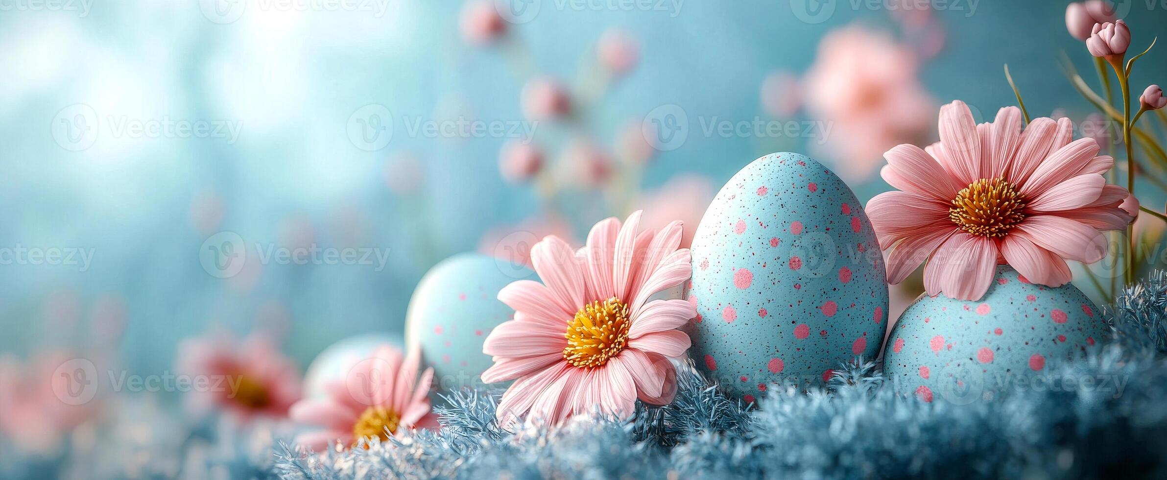Easter eggs and flower display. Pastel Easter eggs with polka dots are nestled among delicate pink flowers on a colorful background. photo