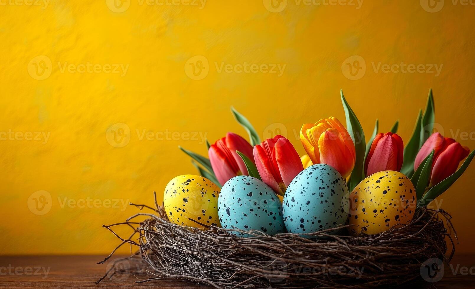 Spring fest with eggs and blooms. A decorated nest holds colorful eggs and vibrant tulips against a bright yellow background, signaling springtime joy. photo