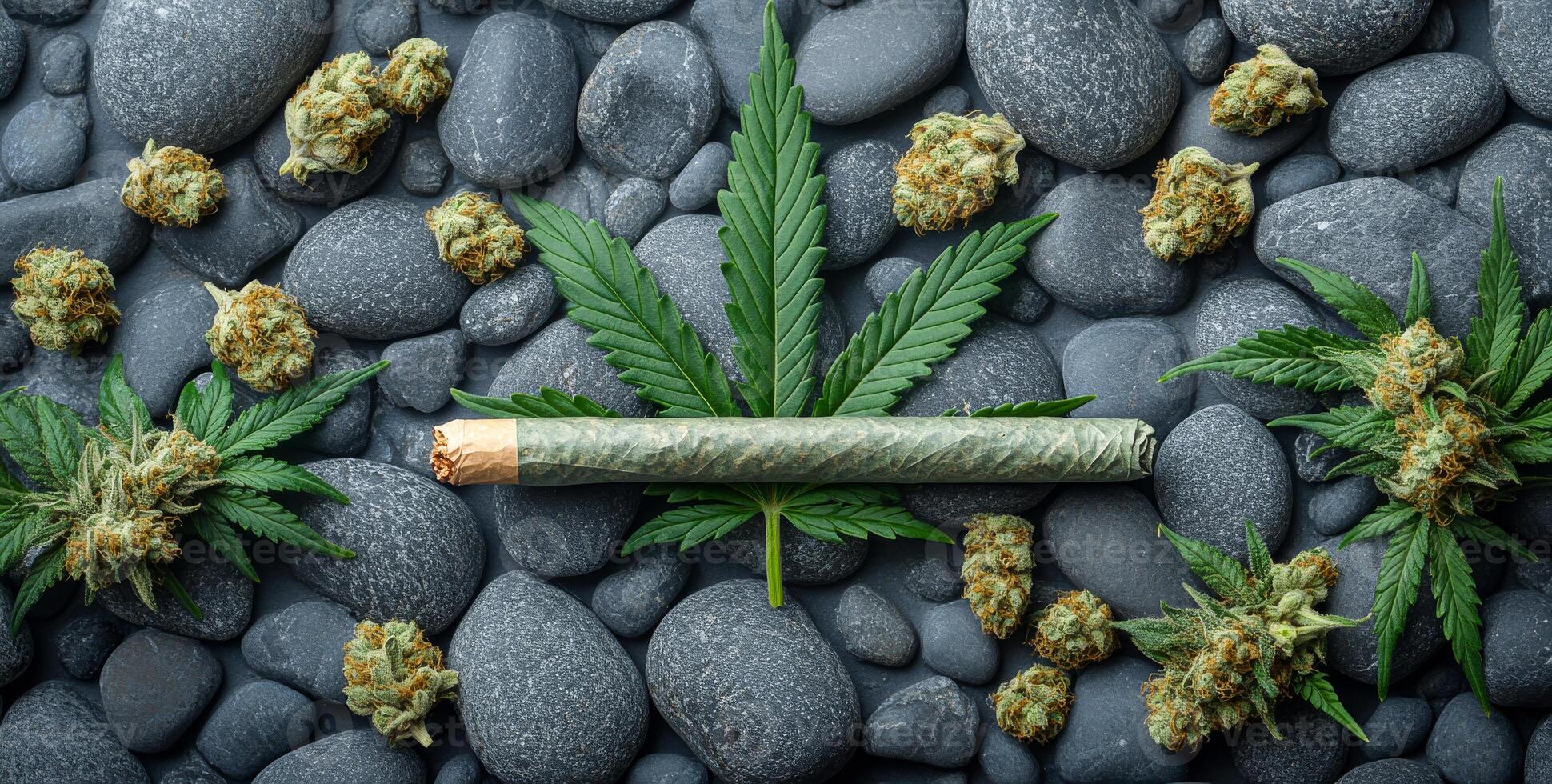 Chill vibes in cannabis culture. A detailed arrangement featuring a rolled joint centered on stones, surrounded by cannabis buds and leaves. photo