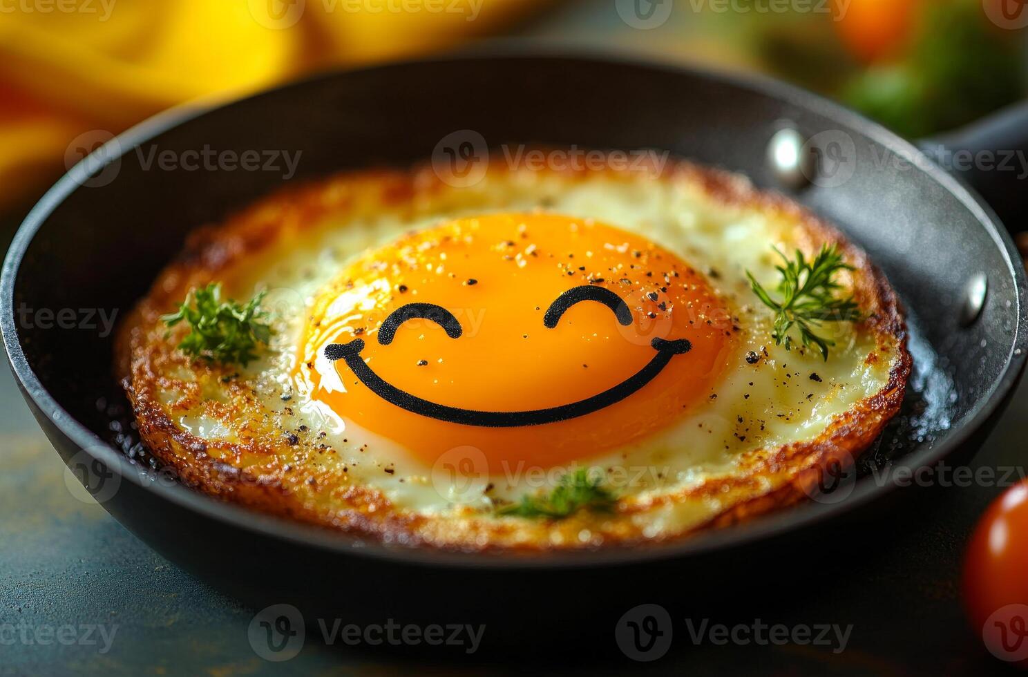 Cheerful egg breakfast skillet. A bright, smiling egg yolk sits atop a fried egg in a skillet, surrounded by fresh herbs and vibrant colors. photo