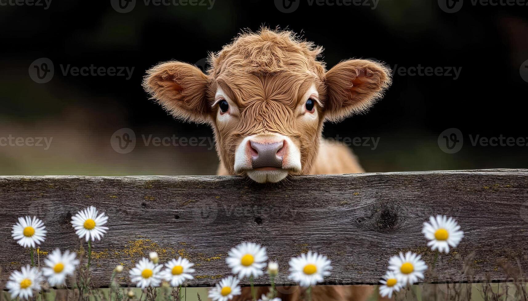 Calf resting on a fence. A young brown calf leans on a weathered fence surrounded by white daisies on a sunny day in the countryside. photo