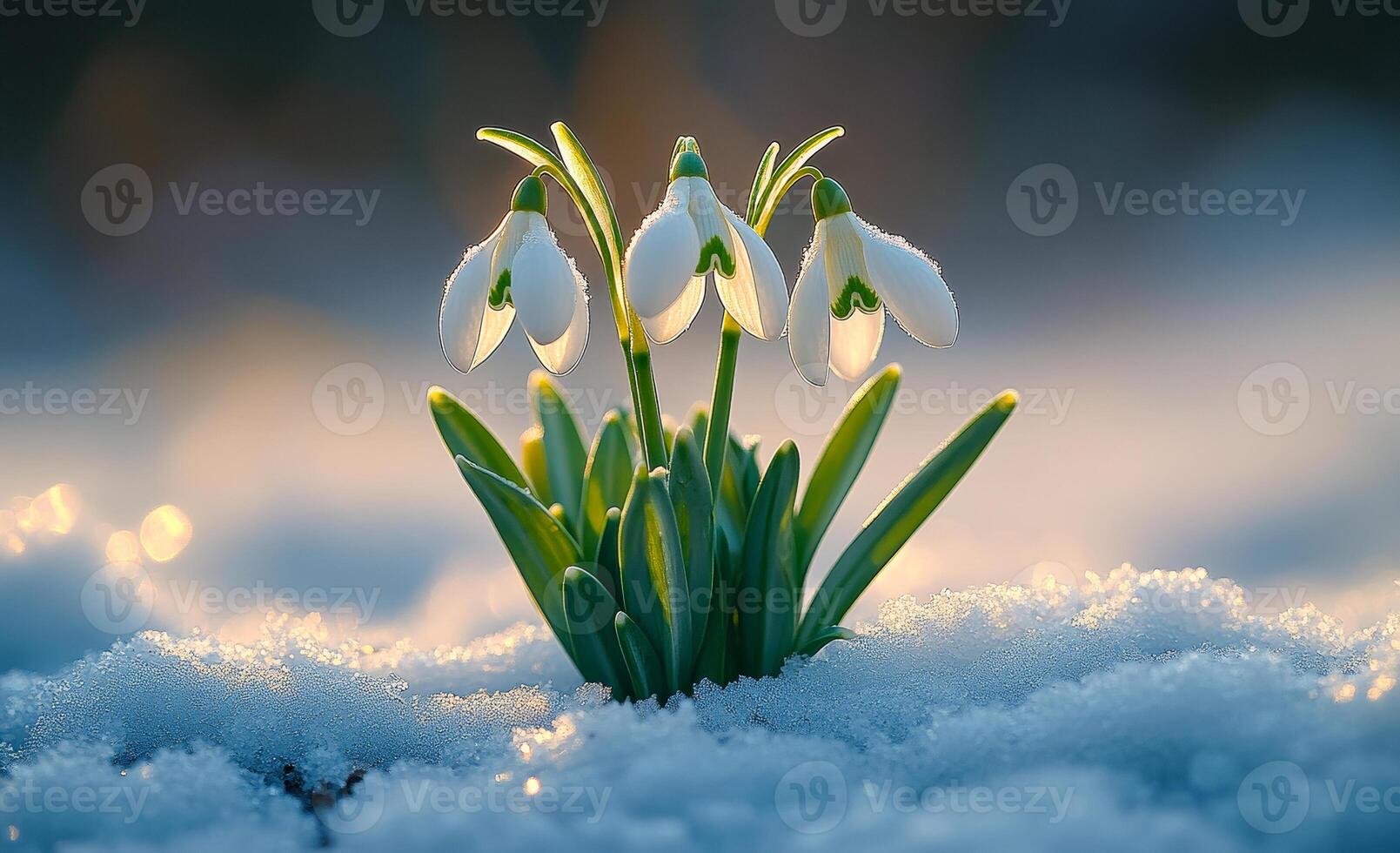 Snowdrops bloom in winter sun. Delicate snowdrops emerge from the snow under soft winter sunlight, signaling the arrival of spring. photo